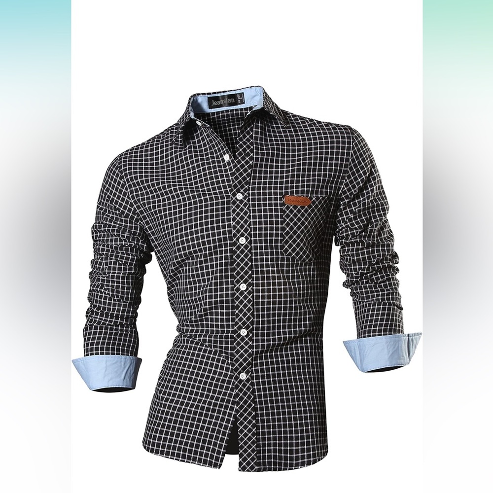 Jeansian Men's Slim Fit Long Sleeves Casual Button Down Dress Shirts-Black/White